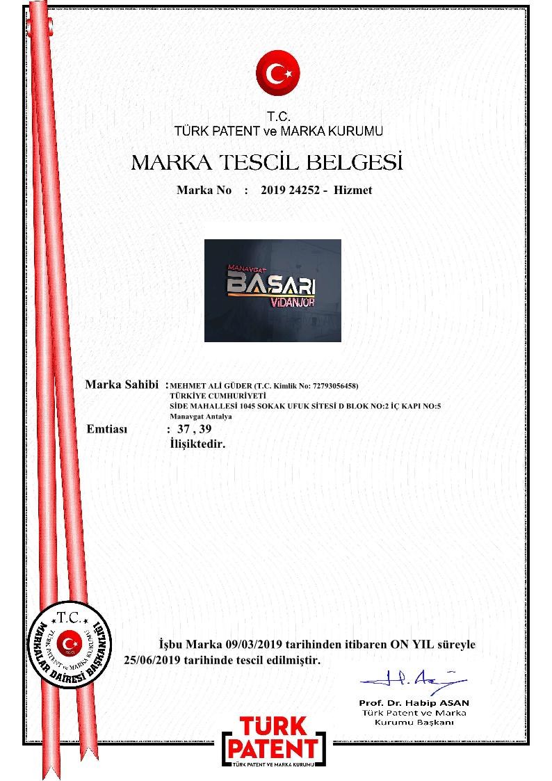Manavgat BAŞARI Vidanjör - TPMK Marka Tescil Belgesi 2019/24252
